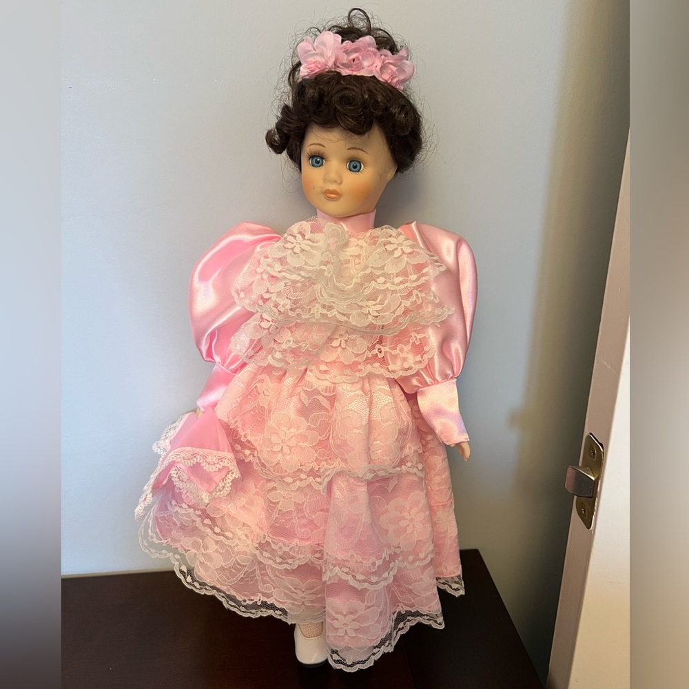 Pink Lace Porcelain Doll with Curly Hair